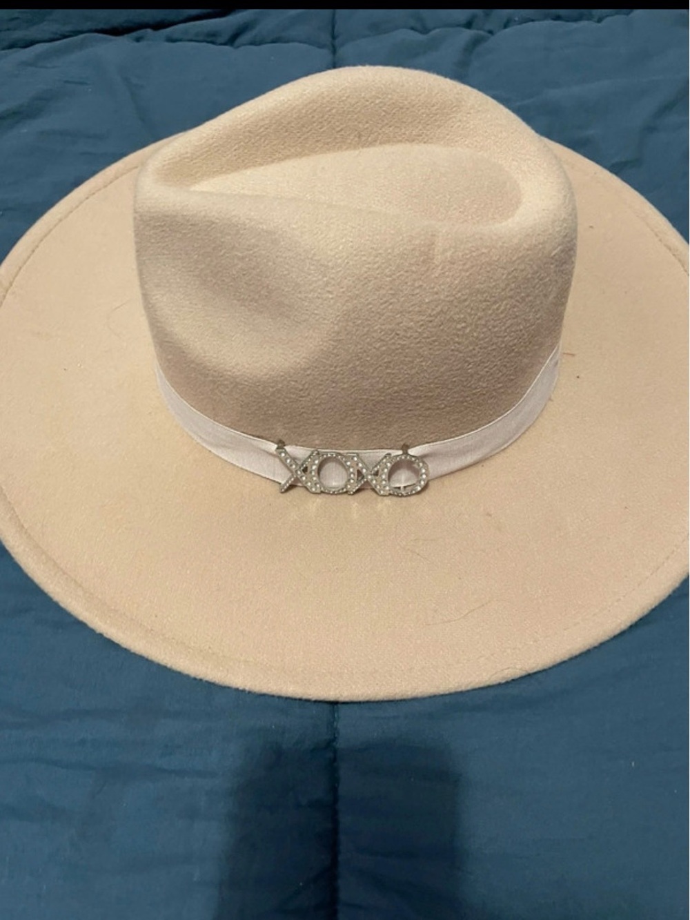 XOXO Cream Felt Wide-Brim Fedora with Crystal XO Accent